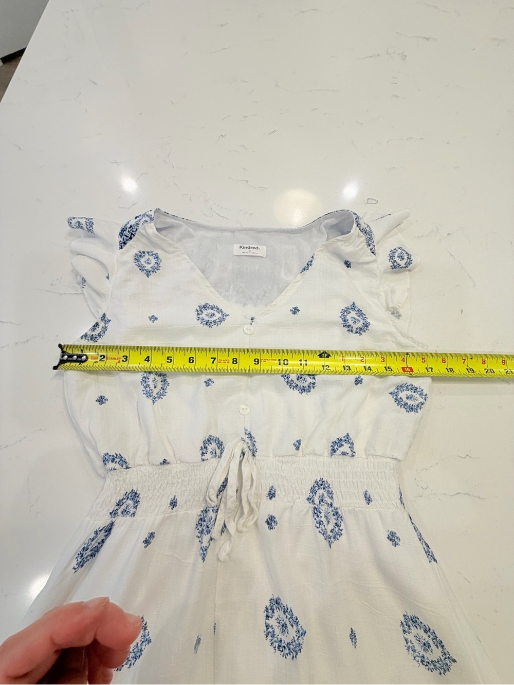White & Blue Printed Midi Dress with Tie Waist - Picture 5 of 11
